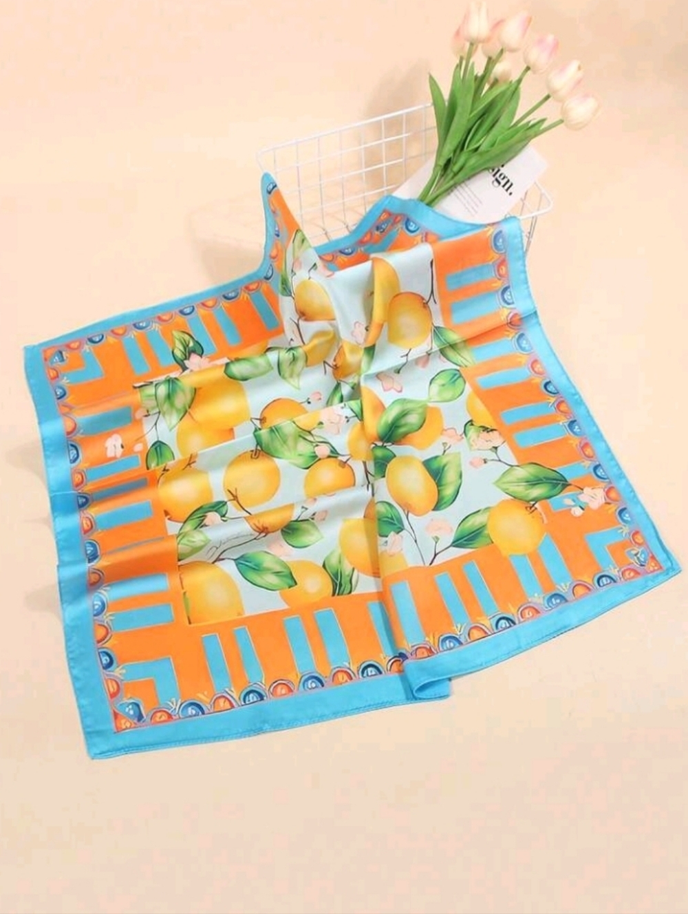 Lemon Print Satin Scarf in Bright Blue & Orange Summer Beach Festival Vacation